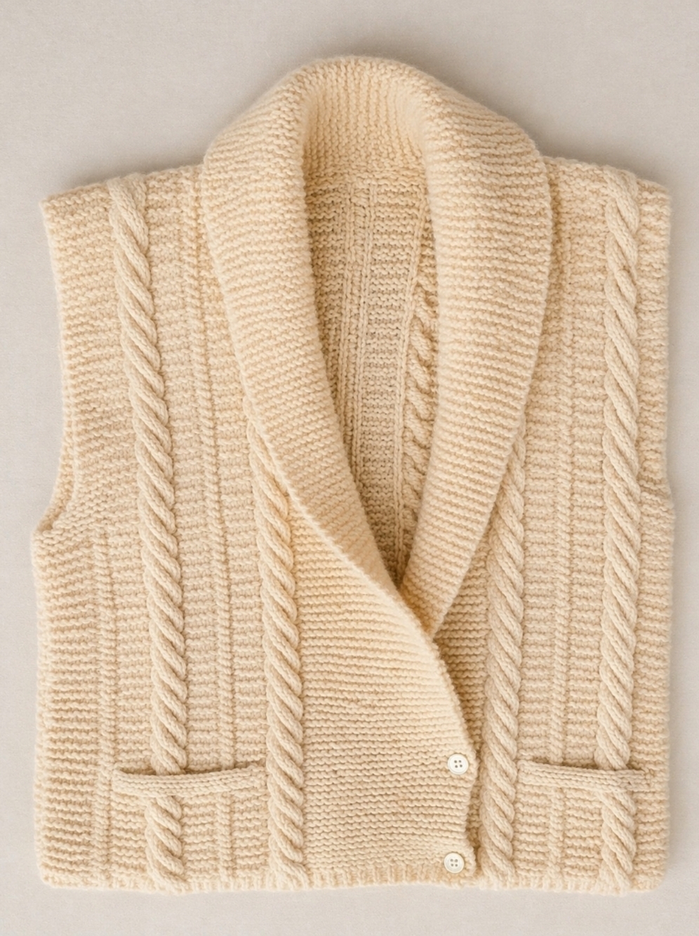 Vintage Chunky Cable Knit Sweater Vest Cream Shawl Collar 100% Wool